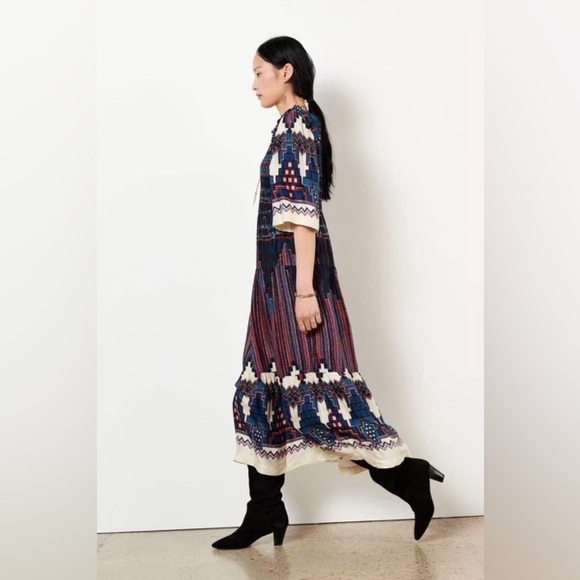 ba&sh Blue and White Smocked Mandie Midi Dress XS - Picture 8 of 16